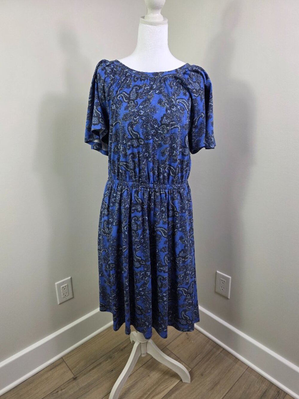 Lane Bryant Blue Paisley Flutter Sleeve Elastic Waist Midi Dress Size 10/12